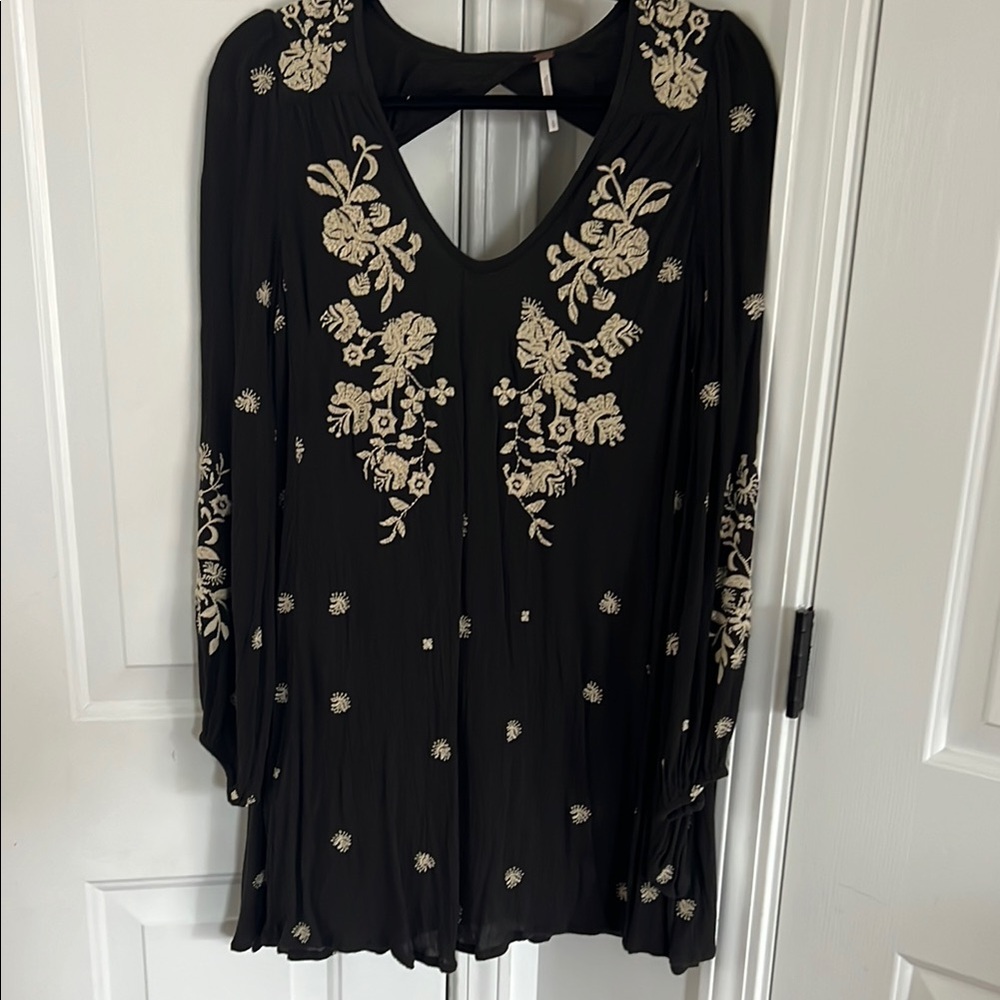 Free People Black and Cream Embroidered Mini Dress